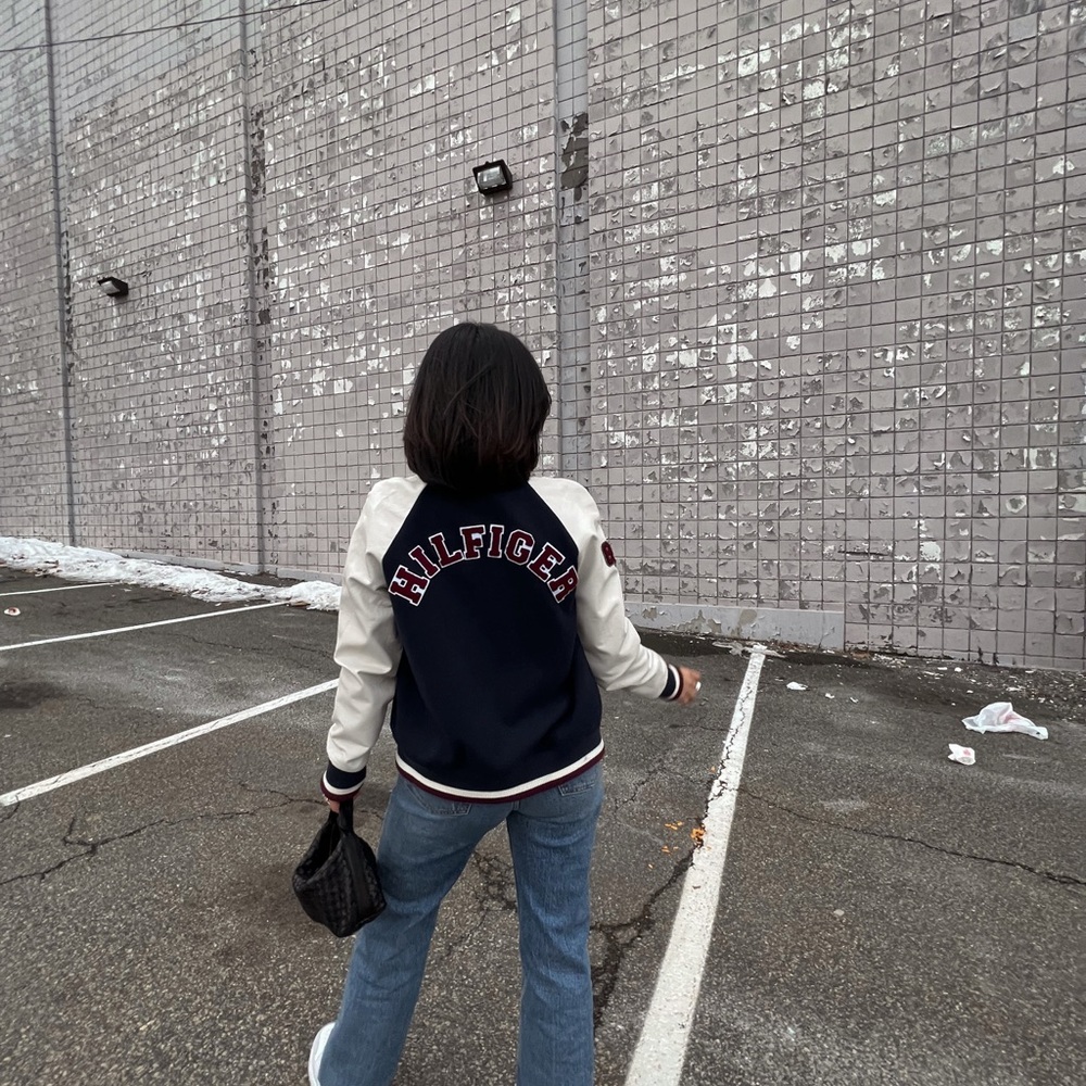 Tommy Hilfiger Navy and White Varsity Jacket Size M